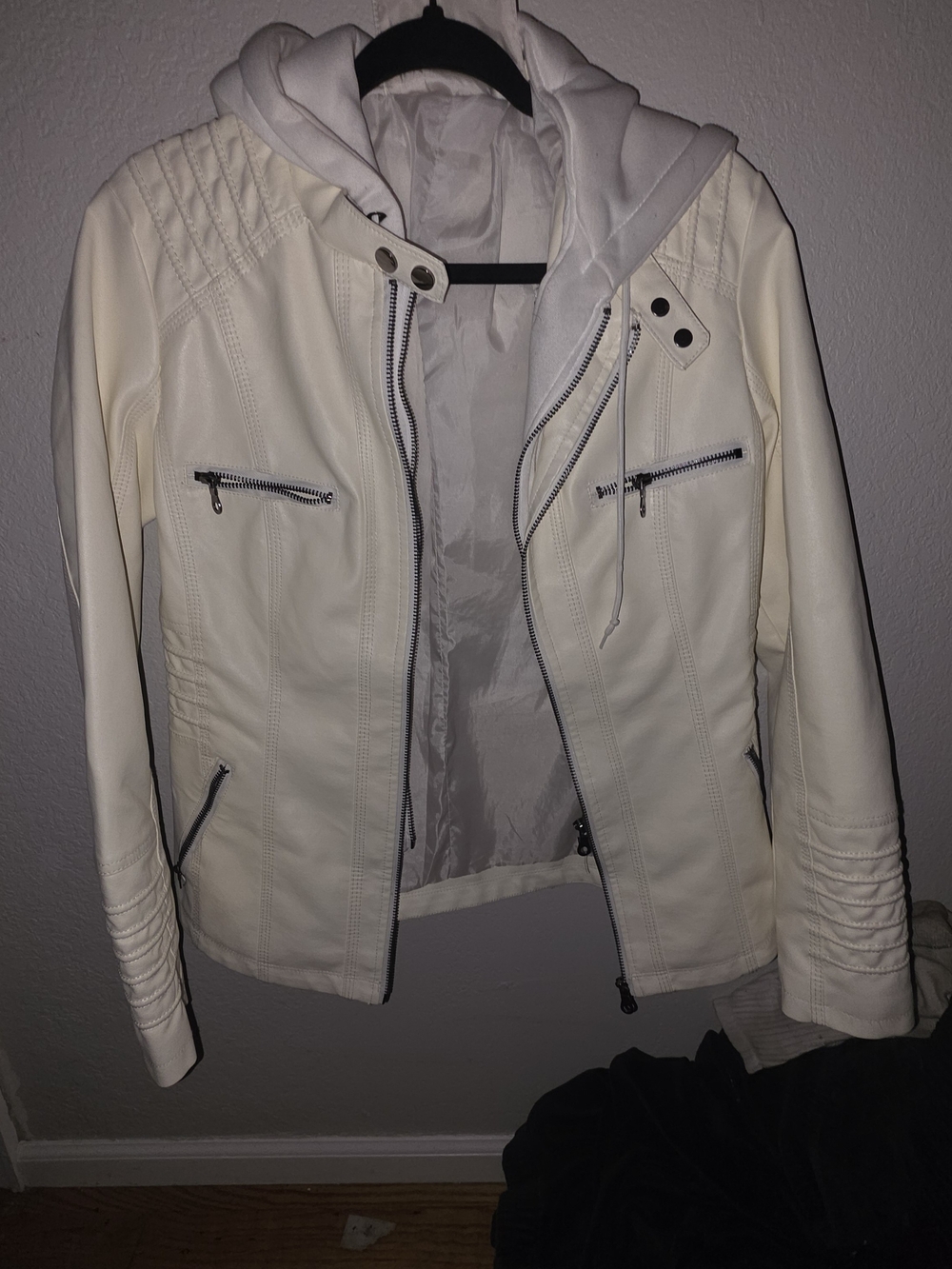Women’s Cream Faux Leather Moto Jacket with Hood